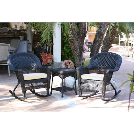 Jeco W00207R-D-2-RCES001 Black Rocker Wicker Chair Set with Ivory Cushion - 3 Piece W00207R-D_2-RCES001